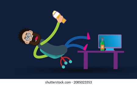 Cartoon office worker with glasses drinks beer in the workplace. Vector banner