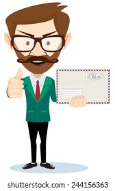 Cartoon Office worker holding huge mailer envelope giving the thumbs up and friendly smiling . Stock Vector illustration