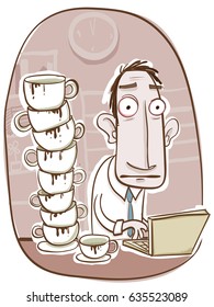 Cartoon Office Worker With Too Much Coffee.