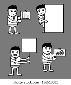 Cartoon Office Worker Showing Blank Banner and Stats