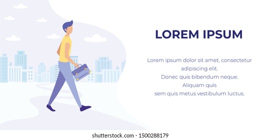 Cartoon Office Worker Walking on Flat City Street. Man with Briefcase Going to Work in Morning. Busy Person Character. Motivation Banner with Text. Vector Backdrop with High Buildings Illustration