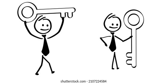 Cartoon office workers with the big key. Business people stickman. Comic stick figures man with keys. Businessmen success concept. Vector icon or pictogram. Valet parking. access granted.