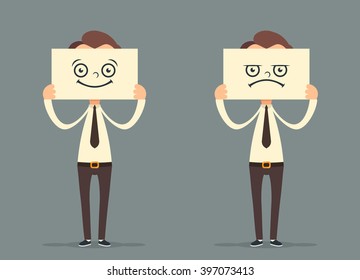 Cartoon Office Workers Hiding Their Faces Behind Kind and Angry Smiles. Vector Illustration