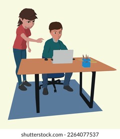 trabajadores de oficina de dibujos animados portátil trabajo en equipo hombre y mujer trabajando en ilustración de vectores de computadora