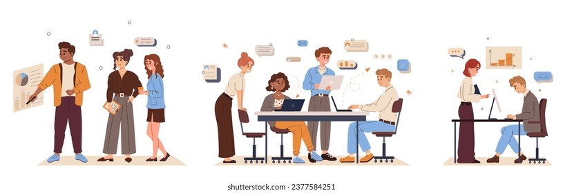 Cartoon office workspace set. Male person showing company results to female colleagues. Employee co-working via computers and meeting concept. Speech bubble. Communication process. Vector illustration