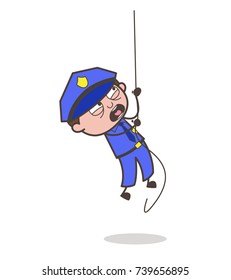 Cartoon Officer Doing Practice of Climbing Rope in Training