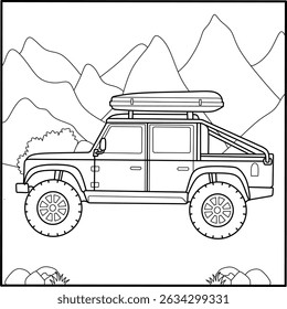 Cartoon off-road vehicle with roof tent for coloring. Adventure car outline for kids' printables, travel themes, and outdoor activity sheets