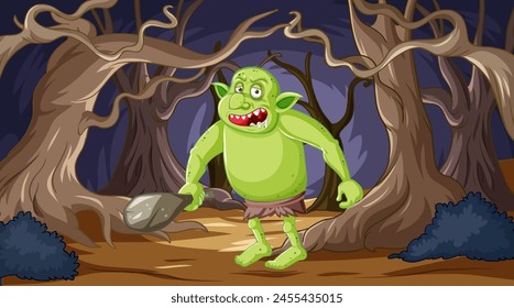 Cartoon ogre with a shovel in a dark forest.