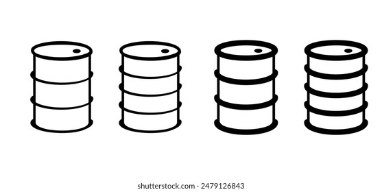 Cartoon oil barrel. Oil barrels fuel. Oil drum or petroleum drums logo.  Milieu icon. Barrel leak. Barrel with labels. Oil stocks, industry concept. Fuel, fuel barrel or gas station.