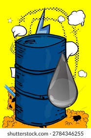 Cartoon Oil Barrel and Oil Drop, comic book fossil fuel. Retro vector comics pop art design.