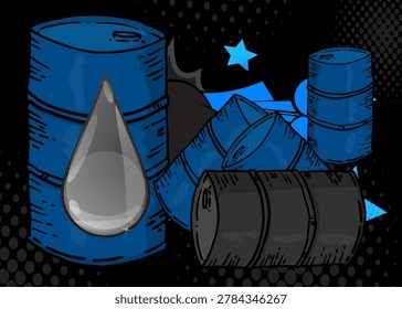 Cartoon Oil Barrel and Oil Drop, comic book fossil fuel. Retro vector comics pop art design.