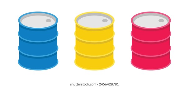 Cartoon oil barrel vector set, colorful steel barrels isolated on white background