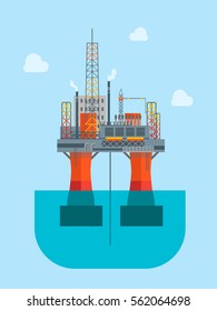 Cartoon Oil Drilling Platform in The Sea or Ocean Flat Design Style. Vector illustration