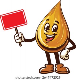 Cartoon oil drop character holding a blank sign