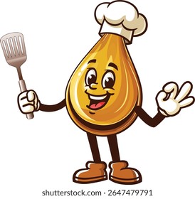 Personagem de gota de óleo de desenho animado segurando uma espátula e usando um chapéu de chef