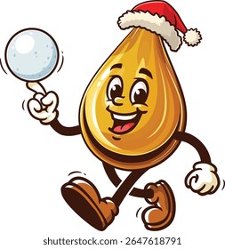 Cartoon oil drop character playing snowball and wearing christmas hat