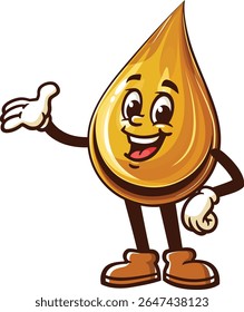 Cartoon oil drop character with welcoming or presenting pose
