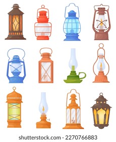 Cartoon oil lanterns. Camping lantern or old kerosene gas lamp with holder for garden, romantic night light camp travelling retro lighting game icon vector illustration of equipment lamp and lantern