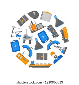 Cartoon Oil Petroleum Processing Round Design Template Ad Fuel Technology Industry Elements Concept Flat Design Style. Vector illustration of Gasoline Extraction