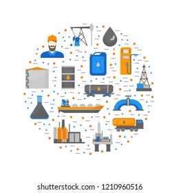 Cartoon Oil Petroleum Processing Round Design Template Fuel Technology Industry Elements Concept Flat Design Style. Vector illustration of Gasoline Extraction