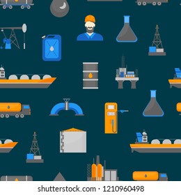 Cartoon Oil Petroleum Processing Seamless Pattern Background Fuel Technology Industry Elements Concept Flat Design Style. Vector illustration of Gasoline Extraction