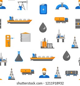 Cartoon Oil Petroleum Processing Seamless Pattern Background on a White Fuel Technology Industry Elements Concept Flat Design Style. Vector illustration of Gasoline Extraction