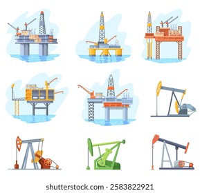 Cartoon oil rig. Oils well extraction offshore platform and drilling station, petrochemical business industrial machine fossil exploration petrol extract, neat vector illustration original artwork