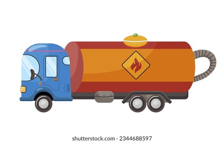 Cartoon oil truck, petrol tanker, diesel, gas delivery, fuel transportation, gasoline vehicle, industrial shipping, lorry, cistern, tank. Isolated on white background. Vector illustration.