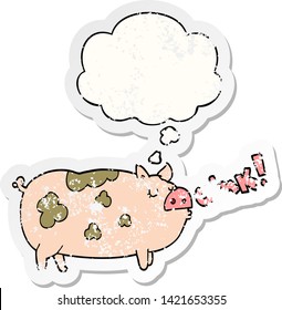 Cartoon-Ziegenschwein mit Denkblase als bedrückter, abbedruckter Aufkleber