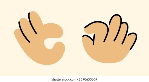 Cartoon Ok Hand Gesture Vector Illustration on Beige Background, Set of 2 Simple Drawings