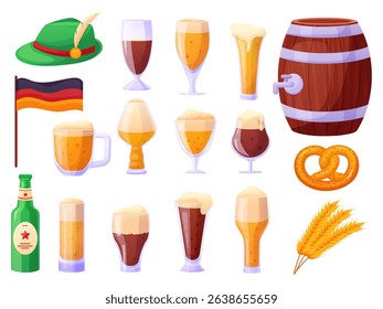 Cartoon oktoberfest elements. Beer glasses, bretzel, wooden barrel for drink, bottle of beer. Alcoholic drink traditional symbols, bar beverages, nowaday vector set