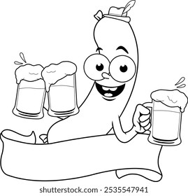 Cartoon Oktoberfest sausage serving cold glasses of beer. Blank ribbon banner for text. Vector black and white coloring page.