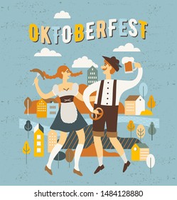 Cartoon Oktoberfest vector illustration. Funny people celebrate holiday. Party invitation