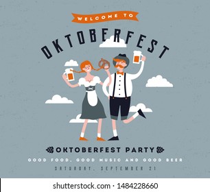 Cartoon Oktoberfest vector illustration. Funny people celebrate holiday. Party invitation