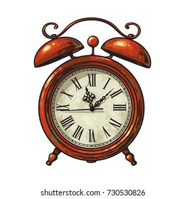 Cartoon old alarm clock. Hand drawn vintage vector illustration isolated on white background.