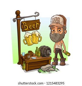 Cartoon old alcoholic character in tracker cap with bottle and beer vendor booth or shop market with text sign. Vector icon for game.