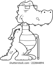 A cartoon old alligator with a cane.
