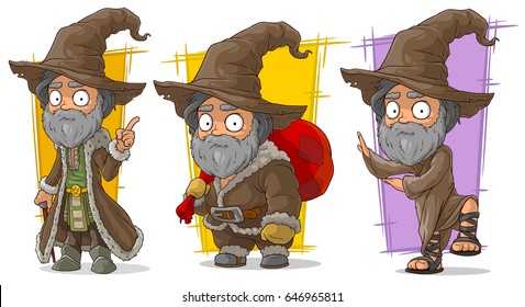 Cartoon old bearded wizard traveler with big hat character vector set