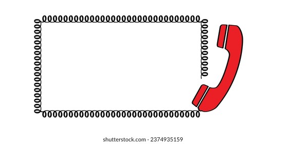 Cartoon old black handset with wire. Red, hot line telephone receivers connected. Hand set phone sign. Phone conversation, call us or contact us concept. Telephone icon. Phone number