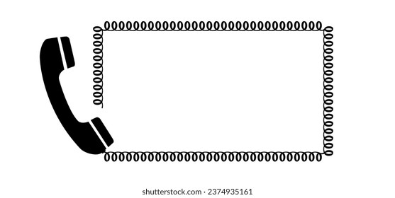 Cartoon old black handset with wire. Retro telephone receivers connected. Hand set phone sign. Phone conversation, call us or contact us concept. Telephone icon. Phone number