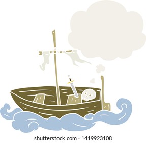 cartoon old boat with thought bubble in retro style