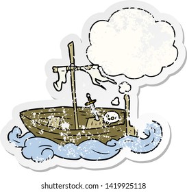 cartoon old boat with thought bubble as a distressed worn sticker