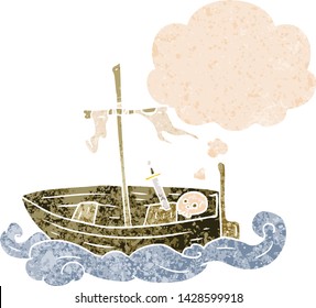 cartoon old boat with thought bubble in grunge distressed retro textured style