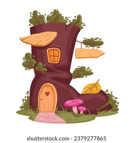 Cartoon old boot house. Fantasy world cute cabin, fairy tale little house with leaves and mushrooms flat vector illustration. Fairytale boot house