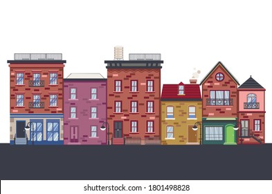 Cartoon old brick houses of retro town design.