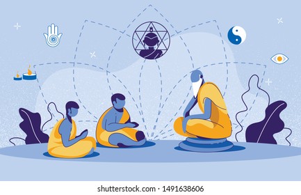 Cartoon Old Buddhist Monk on Stone Teaching Dharma Young Male Religioners. Buddhism Education. Asian Religious. Yin Yang. Oriental Traditions, Beliefs, Spiritual Practices. Vector Flat Illustration