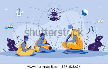 Cartoon Old Buddhist Monk on Stone Teaching Dharma Young Male Religioners. Buddhism Education. Asian Religious. Yin Yang. Oriental Traditions, Beliefs, Spiritual Practices. Vector Flat Illustration