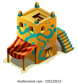 Cartoon old building in an Asian style, with tent canopy isolated on white background. Vector closeup illustration.