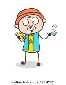 Cartoon Old Businessman with Book and Hot Tea Vector Illustration