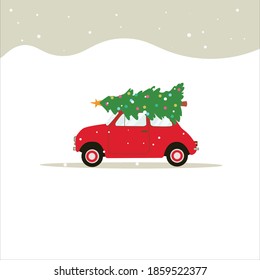 a cartoon, old car with a christmas tree driving in winter on snowy weather.Merry christmas and happy new year postcard or flyer design element. Flat style vector illustration.